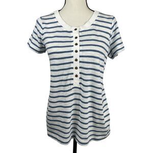 J.Jill‎ Women's Striped Henley Top XS Blue White Short Sleeve Tee Shirt Casual